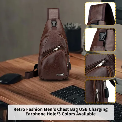 Vista 5 de Bolso bandolera de cuero para hombre, bolso lateral cruzado para hombre, mochila de hombro con agujero para auriculares