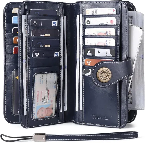 Vista 2 de BOSTANTEN Cartera de cuero genuino para mujer, de gran capacidad, cartera de mano, tarjetero con bloqueo RFID