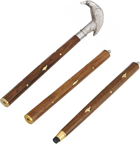 Vista 3 de Bastón de madera con mango de latón plateado Raven para hombres y mujeres, caña de caminar de madera roja