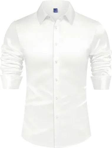 Vista 4 de J.VER Camisas de vestir de satén de seda de manga larga para hombre, camisa brillante casual con botones, camisas de lujo para fiesta de graduación