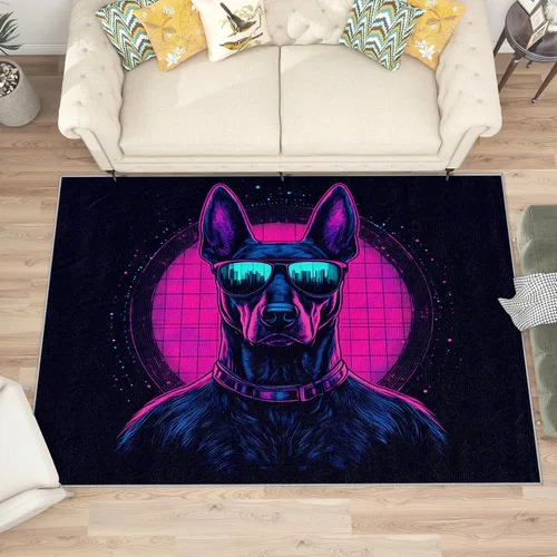 Vista 2 de Alfombras de neón para sala de juegos, alfombra de 2 x 3, alfombra de área Doberman, alfombra retro Cyberpunk lavable antideslizante, alfombra