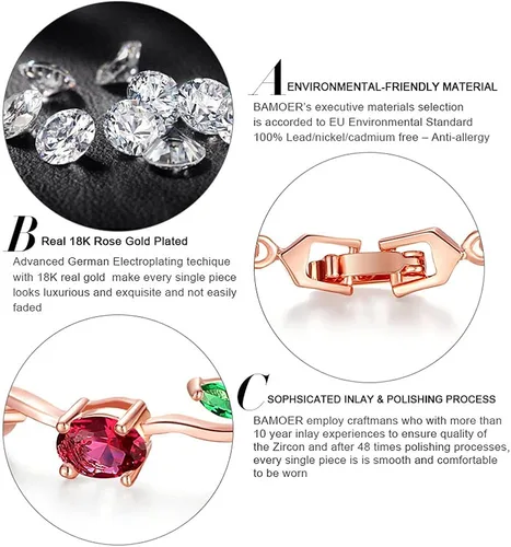 Vista 5 de 18K Rose Gold-Plated Crystal Bracelet for Women Red & Green Shiny Gemstone Tennis Bracelet Diamond Bangle Bracelet for Girls Fashion Jewelry