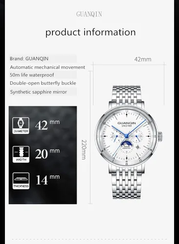 Vista 6 de Guanqin - Reloj de pulsera mecánico analógico automático para hombre, con banda de acero, fase lunar