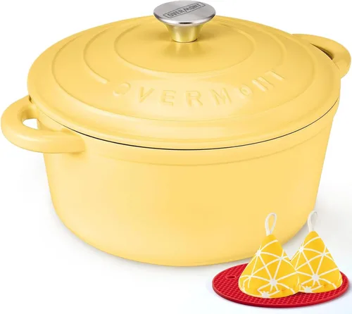 Vista 14 de Overmont - Horno holandés de hierro fundido esmaltado, de 4.5 QT, con tapa, libro de cocina (idioma español no garantizado) y agarraderas de verde