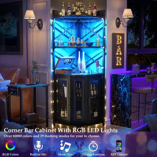 Vista 3 de Aheaplus Gabinete Bar de Esquina con Toma de Corriente, Gabinete de Vino Industrial con Tira LED y Portavasos, Gabinetes de Licores de 5 Niveles