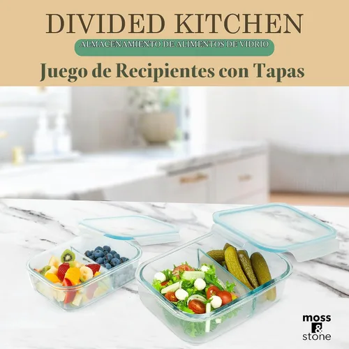 Vista 7 de Moss and Stone - Recipientes rectangulares de vidrio borosilicato para alimentos preparados, herméticos, tapas de cierre a presión, aptos