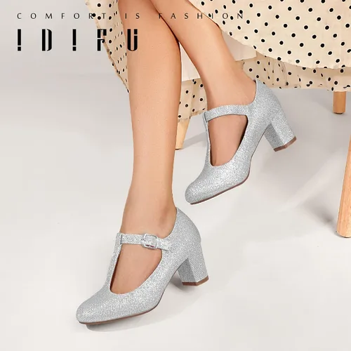 Vista 6 de IDIFU Zapatos de vestir para mujer, zapatos de vestir Mary Jane, zapatos de vestir bajos y gruesos con correa en T, zapatos de boda para novia