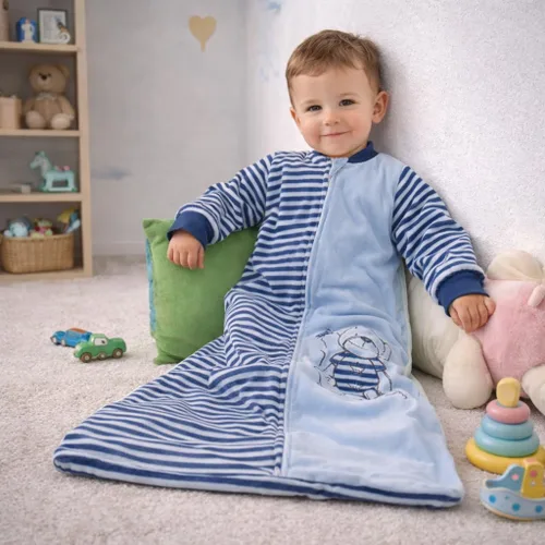 Vista 4 de Tog 2.0 - Saco de dormir para niños pequeños, manga larga, terciopelo de algodón, cálido saco de dormir con brazos para bebé, 4 estaciones, Azul