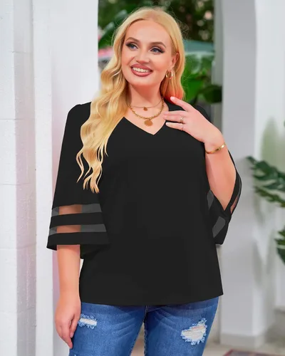 Vista 6 de LookbookStore - Blusa para mujer con paneles de malla, cuello en V, mangas acampanadas 34 y corte holgado