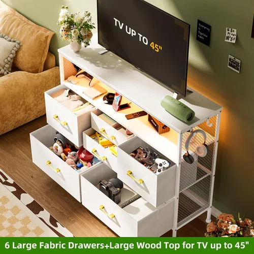 Vista 11 de Cómoda blanca YILQQPER para dormitorio, soporte de TV con 6 cajones, cómoda de dormitorio con enchufes de corriente y luz LED, cómodas de tela