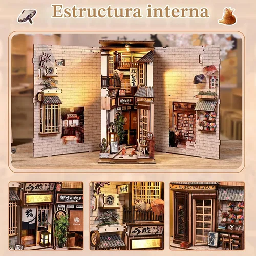 Vista 4 de Kit de rincón de libros, rompecabezas de madera 3D con luz LED, modelo de casa en miniatura de callejón callejón japonés, decoración creativa