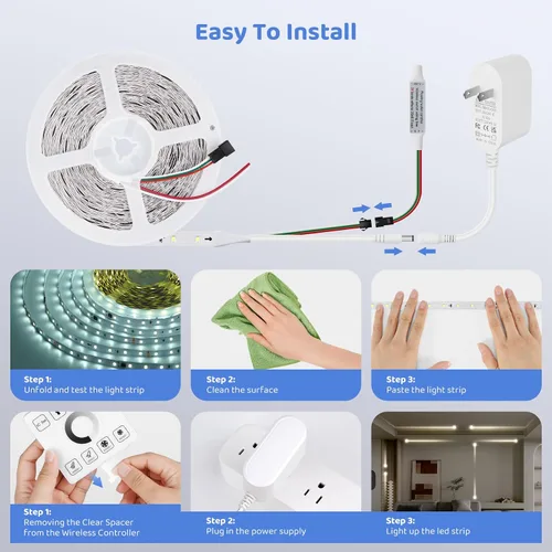 Vista 5 de Tira de luces LED blancas de 65.6 pies, 6500 K, tira de luz LED blanca que fluye de agua corriente con panel táctil, control inalámbrico, 28 modos