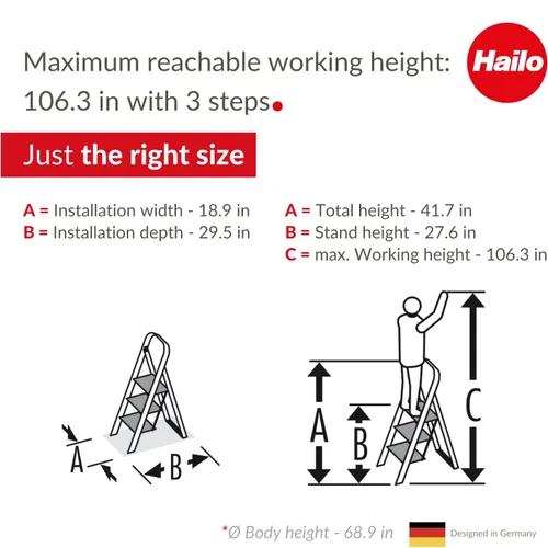 Vista 6 de Hailo K60 StandardLine Escalón plegable de aluminio Tres escalones grandes con alfombrillas antideslizantes Mecanismo de seguridad plegable