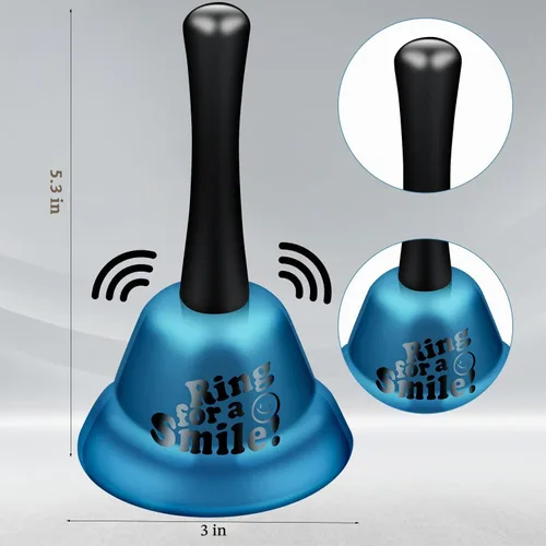Vista 3 de Campana de mano de metal azul – Campana de aula de 5.3 pulgadas para escuelas, oficinas, hoteles