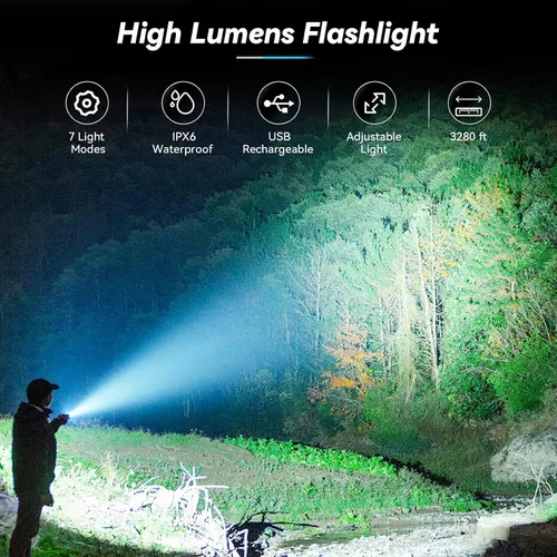 Vista 2 de Linternas recargables de alto lúmenes, 99,000 LM linterna LED brillante alimentada, linternas recargables USB y luces flash de mano impermeables