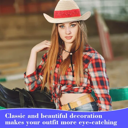 Vista 4 de Leumoi 12 sombreros de vaquero occidental con bandana roja, sombrero clásico de paja de vaquero para vaquero, roeo, fiesta temática, cosplay