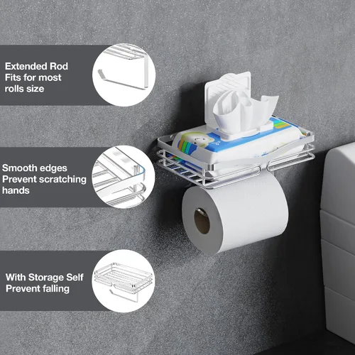 Vista 3 de Soporte de papel higiénico con estante de almacenamiento, cepillado, montaje sin taladros, se adapta a toallitas húmedas de tamaño Costco, para baño