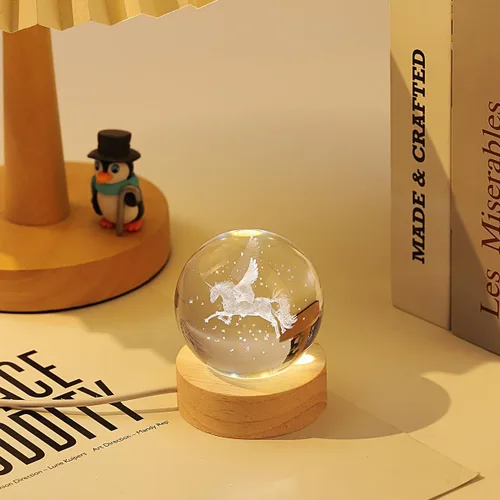 Vista 2 de Lámpara de bola de cristal 3D de Pegaso con base de madera LED de brillo ajustable, luz nocturna para niños, adolescentes, adultos, regalo