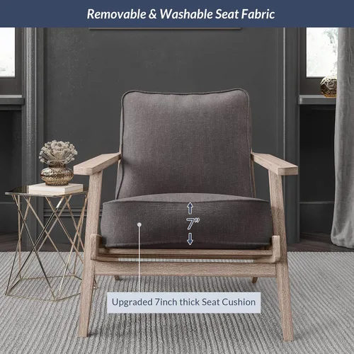 Vista 3 de BELLEZE Silla moderna de mediados de siglo con marco de madera resistente, sillón tapizado de lino, fácil montaje, cómoda silla decorativa para sala