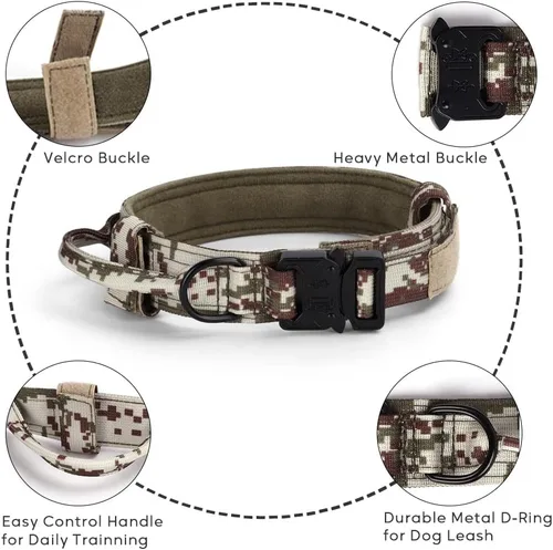 Vista 2 de Collar táctico para perro, collar de entrenamiento militar ajustable de nailon para perro con mango de control y hebilla de metal pesado de Marrón