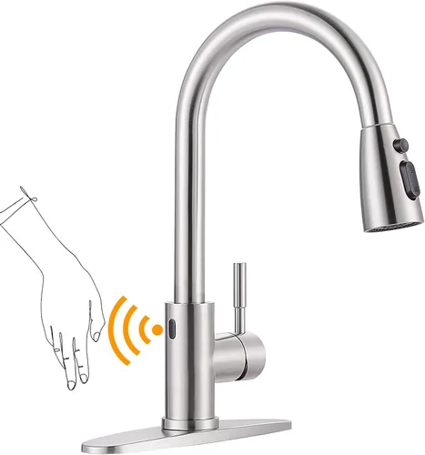 Vista 31 de WOWOW Grifo de cocina con rociador, grifo de fregadero de cocina, acero inoxidable SUS 304, grifo de cocina de níquel cepillado de arco alto