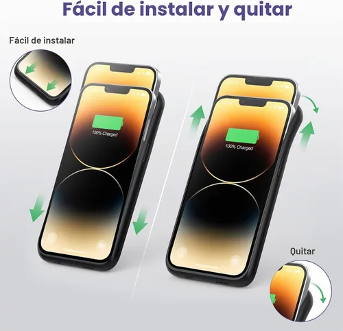 Vista 4 de Funda de batería para iPhone 13/13Pro/14,7500 mAh, funda protectora ultradelgada, funda de carga de batería expandible portátil recargable Negro