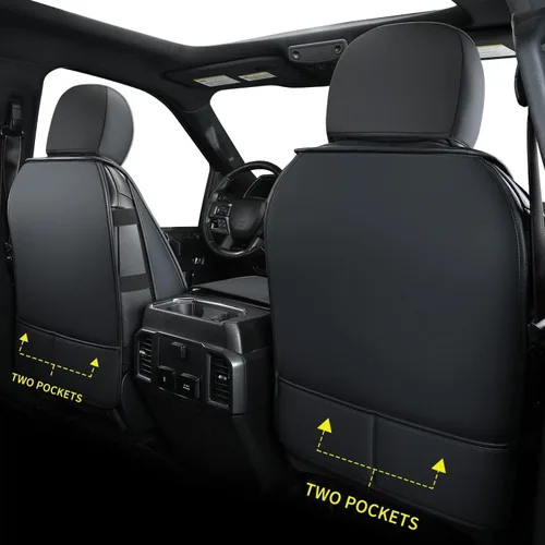 Vista 2 de LUCKYMAN CLUB Fundas de asiento de piel sintética para F150, compatibles con F150 SuperCrew 2015-2024, y F250 F350 F450 Super Duty Crew Cab Negro
