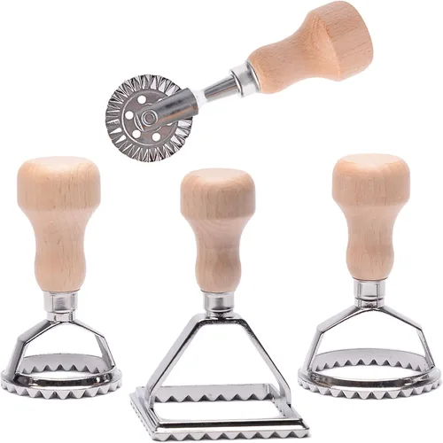 Vista 10 de Cortador de sellos de ravioles con juego de ruedas de rodillo, molde con mango de madera y borde estriado, accesorio de cocina para prensa de pasta