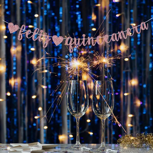 Vista 4 de Cartel de Feliz Quinceañera, oro rosa con purpurina Happy Quinceañera/Princesa De Quince/Mis Quince 15, suministros de decoración de fiesta