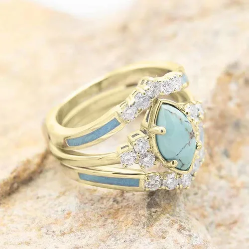 Vista 4 de Anillos de diamantes turquesa de 3 piezas para mujer, de plata de ley natural, anillos de joyería simples de moda