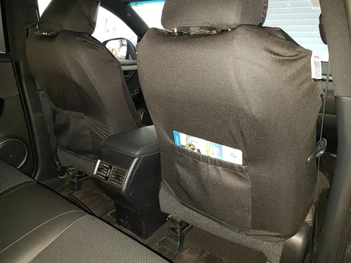 Vista 6 de Fundas de asiento de lona negra, juego completo, resistente al agua, protección interior de camión, ajuste universal, compatible con airbag