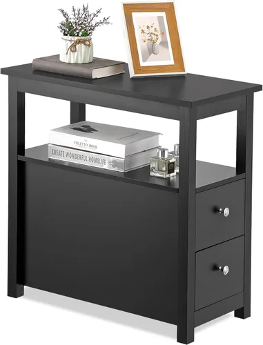 Vista 3 de Juego de 2 mesas auxiliares estrechas, mesa auxiliar rectangular con cajones y estante para sala de estar, muebles de mesa multifuncionales