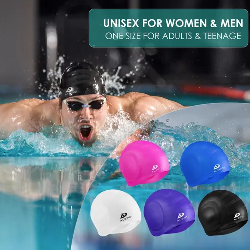 Vista 6 de Alepo 2 Pack Unisex Swim Caps with 3D Ear Protection, Durable Flexible Silicone Swimming Hats for Women Men Kids Adults, Bathing Swimming Caps for