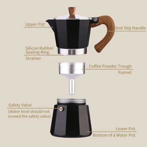 Vista 5 de Moka Pot - Máquina de café expreso para café cubano rico y café expreso de estilo italiano, percolador de aluminio de 3 tazas, experiencia