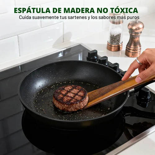 Vista 4 de 5 piezas de espátulas de madera para cocinar, juego de utensilios de madera de teca natural, utensilio de cocina de madera no tóxico, cucharas