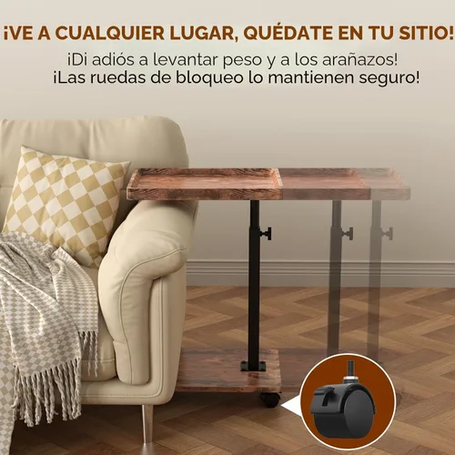 Vista 5 de Mesa auxiliar de mesa C de altura ajustable, mesa giratoria de 360° con ruedas, mesa pequeña para comer, cena, mesas auxiliares en forma de C, sala