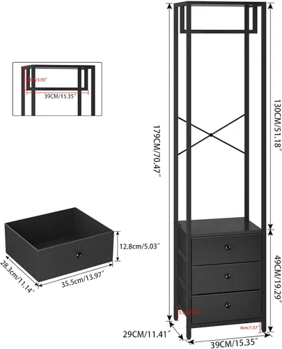Vista 7 de YMYNY Percheros con cajones, organizador de armario alto independiente con 3 cajones de tela, soporte de ropa para colgar camisas, abrigo, 15.35