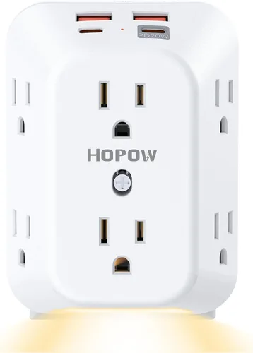 Vista 10 de USB Wall Charger Surge Protector, HOPOW 6 Outlet Extender with 4 USB Charging Ports (2 USB C), 3-Sided 1050J Multi Plug Wall Outlet, Wall Mount for