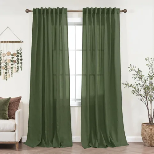 Vista 74 de Cortinas rústicas color beige tostado de 42 x 84 pulgadas de largo para sala de estar, juego de 2 paneles transparentes de lino natural, imitación