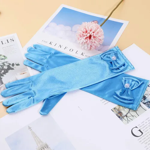 Vista 4 de HIFOT Guantes de vestir para niña, 6 pares, guantes largos de satén sedoso con lazo para niños, fiesta de princesa, boda, concurso formal, edades