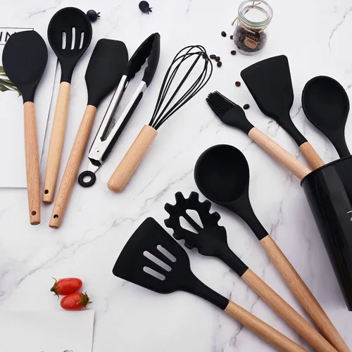 Vista 4 de 1 cucharón de silicona negra para sopa profunda, resistente al calor, cuchara de goma antiadherente grande con mango de madera para cocinar 1