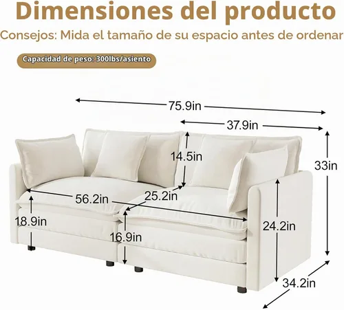 Vista 2 de GNIXUU Sofá de dos plazas blanco beige de 76 pulgadas, sofá de dos plazas