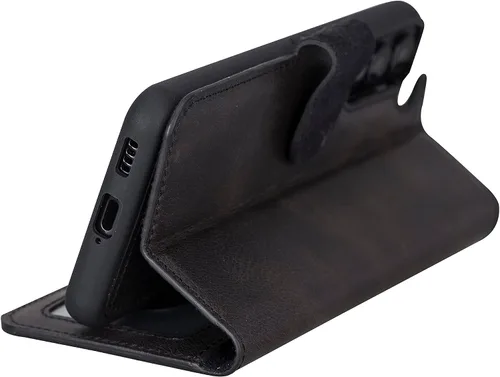 Vista 3 de HARDISTON Funda tipo cartera compatible con Samsung Galaxy S21, hecha a mano, de piel auténtica, cubierta magnética desmontable tipo flip con Negro