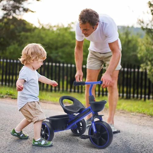 Vista 6 de Triciclo para niños con luces LED coloridas para niños pequeños de 1 a 3 años, diseño estable de 3 ruedas y canasta de almacenamiento para paseos