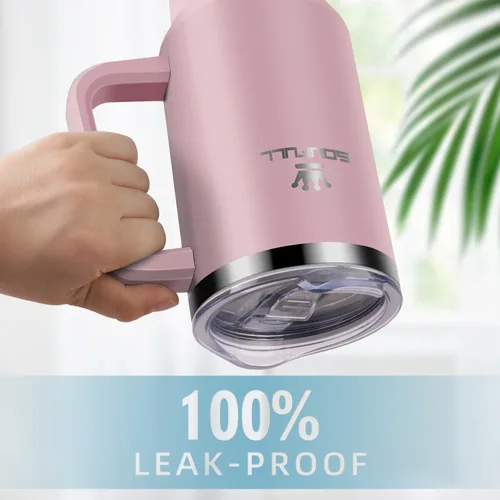 Vista 3 de Vaso de 40 onzas con asa y tapa con popote, taza de café de viaje 100% a prueba de fugas, taza aislada de acero inoxidable para bebidas calientes
