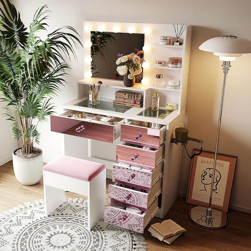 Vista 11 de Montary Mesa de tocador de maquillaje de 39 pulgadas con espejo iluminado con pantalla táctil, tocador de madera de goma con cajón grande