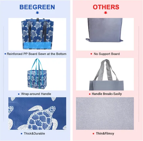 Vista 6 de Bolsas de compras plegables reutilizables BeeGreen, paquete de 3 bolsas grandes para comestibles, resistentes, con fondo rígido, para playa