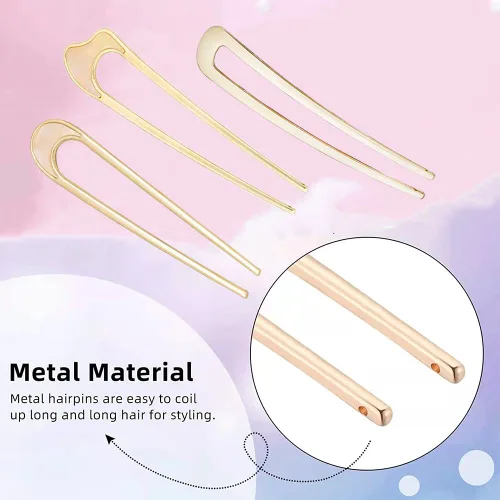 Vista 6 de Paquete de 3 horquillas de pelo francesas en forma de U doradas, accesorios para el cabello Sturdy metal hair sticks, elegant hair styling Dorado