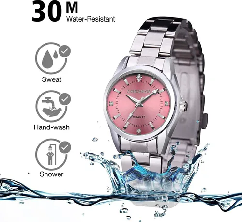 Vista 5 de Reloj analógico de cuarzo para mujer, con correa de acero inoxidable, resistente al agua, con números romanos y diamantes de imitación