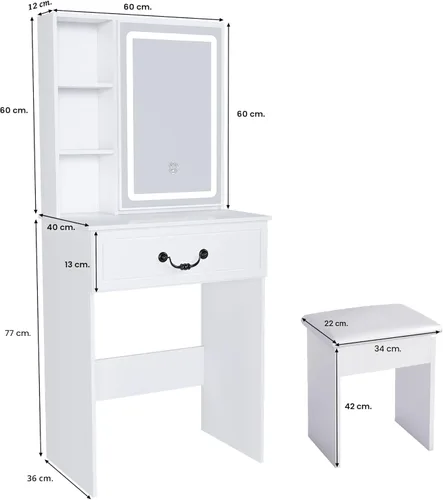 Vista 6 de Juego de Tocador Pequeño con Espejo Iluminado y Taburete, Juego de Mesa de Maquillaje Compacta con Luz - 3 Modelos de Colores, Mesa de Maquillaje